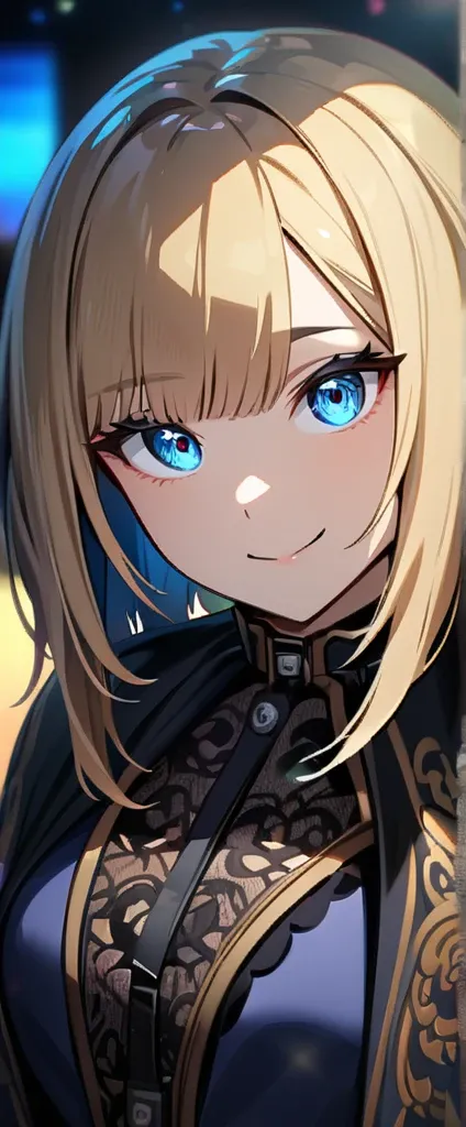 (((One girl))), Shibuya, blond hair, bob cut, ((upper body)), (looking at viewer), breasts, teenager, head tilt:1.3, (((blue eye))), constricted pupils, (from side:1.3), reaching, ((happy smile)), gothic lolita:1.3, anime style, (best quality, 4k, 8k, high...