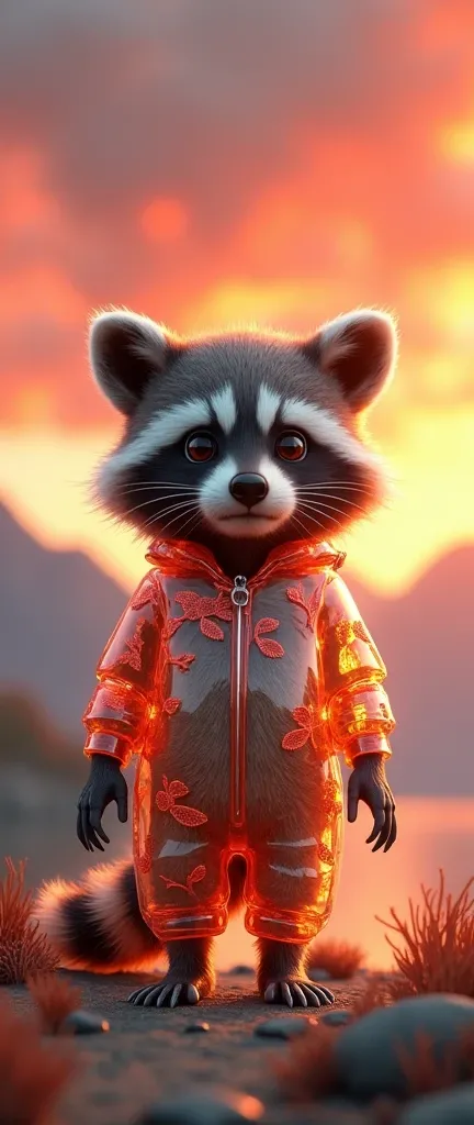 A 3D render of a whimsical scene with a fluffy baby raccoon wearing a transparent glass suit adorned with seaweed patterns. The raccoon is standing in a fantastical sky filled with fiery reds and oranges. The background is a serene landscape with mountains...