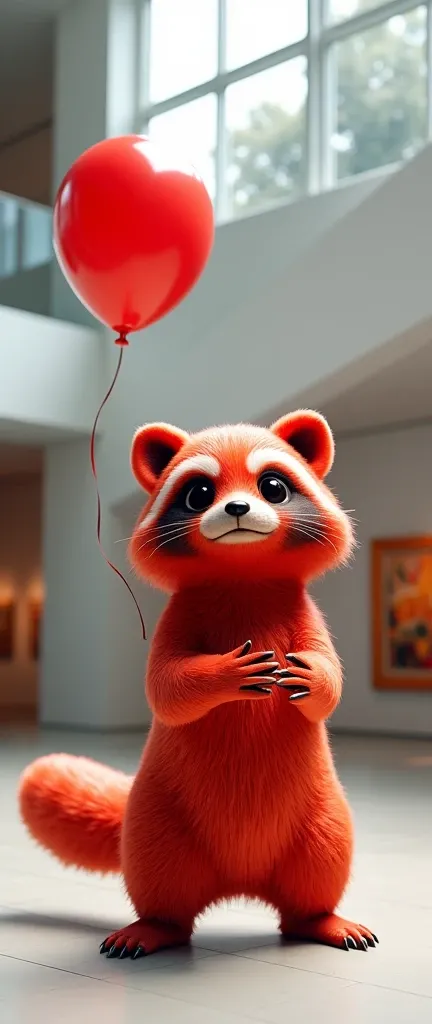 A photo of a red balloon of a cute extra fluffy baby realistic raccoon sculpture perched on its front legs. The raccoon is made of a glossy red material. The background contains a modern urban art museum with architectural elements. The scene has a joyful ...