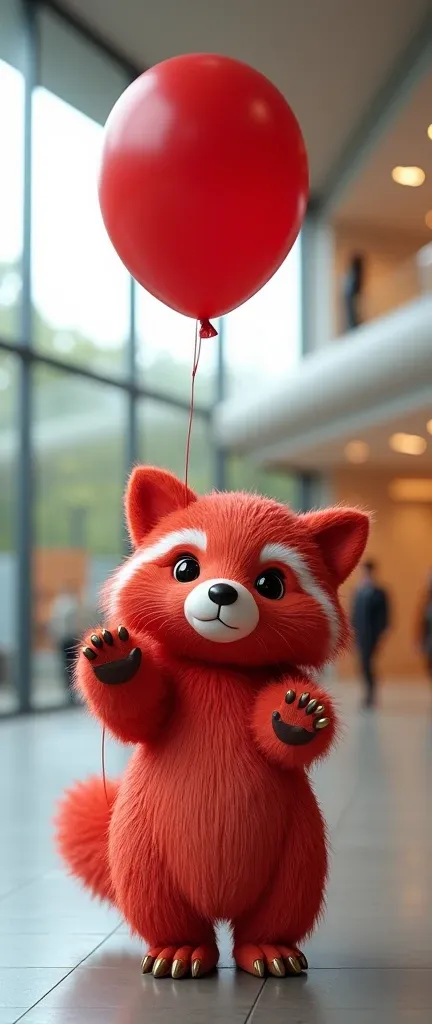 A photo of a red balloon of a cute extra fluffy baby realistic raccoon sculpture perched on its front legs. The raccoon is made of a glossy red material. The background contains a modern urban art museum with architectural elements. The scene has a joyful ...