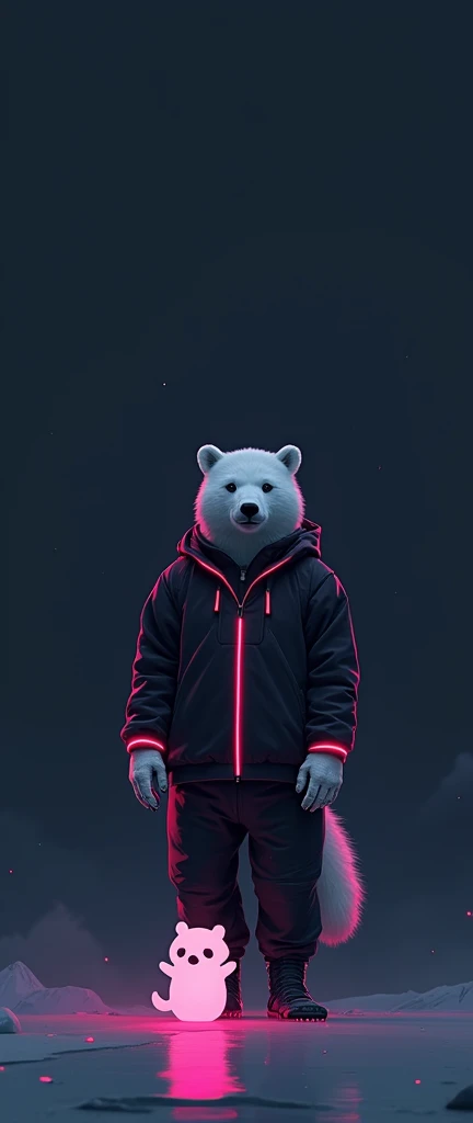 A captivating minimalist digital illustration featuring a mechatronic POLAR BEAR and his glowing ghost cute extra fluffy baby realistic raccoon floating in a dark, digital landscape. The POLAR BEAR is dressed in a sleek black outfit with vibrant neon accen...