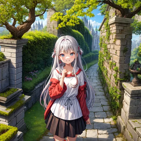 Rainbow red and silver hair、Rainbow Eyes、Wavy Hair、Hair tied up、Two cute、Checked mini skirt、Black T-shirt、Long sleeve、wearing a hood、Black knee-high socks、Teeth are visible、Old Castle、Tilting face、lawn、In front of the city gate、The stone is cracked、Uneven ...