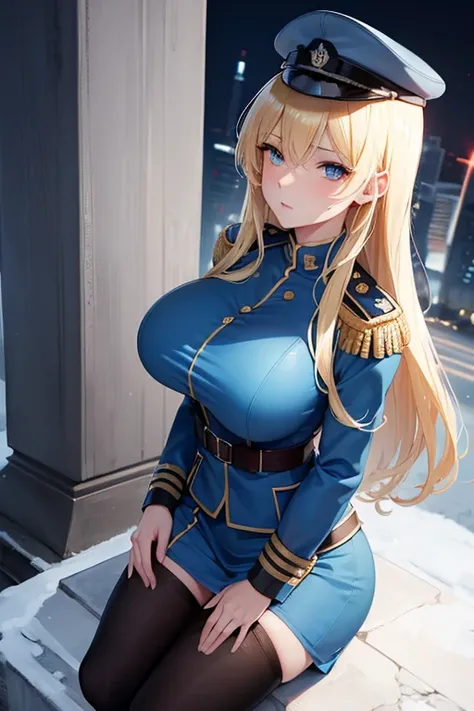 Older women , Big breasts, Sexy girl , Blonde , Cold face , Blue eyes , Female soldier , Military uniform with a slit in the middle of the chest , The backdrop is Berlin. , Full body image , Anime style images