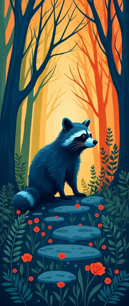 A 3D vector, three-dimensional abstract concept design featuring a multi-colored art of a stylized A captivating photograph of a cute extra fluffy baby realistic raccoon silhouette symbolizing forest, wild-life, and conservation. The racoon is inside a for...