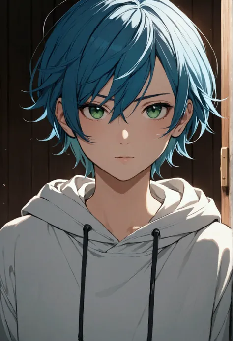 (best quality:1.4), highres, masterpiece,, 1person,, short medium hair, flat chested, green eyes, blue hair,, detailed face, androgynous, gender neutral, hoodie, facing forward
