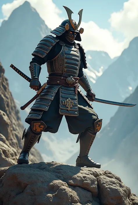 samurai in armor in fierce fighting stance with katana with right leg on a rock with mask on top of mountains 