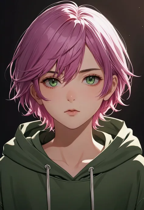 (best quality:1.4), highres, masterpiece,, 1person,, short medium hair, flat chested, green eyes, pink purple hair,, detailed face, androgynous, gender neutral, hoodie, facing forward
