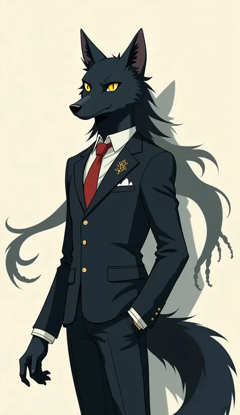 black furred wolf, yellow eyes, wearing formal suit controlling his shadow 2D anime style