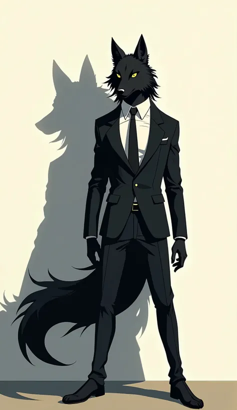 black furred wolf, yellow eyes, wearing formal suit controlling his shadow 2D anime style