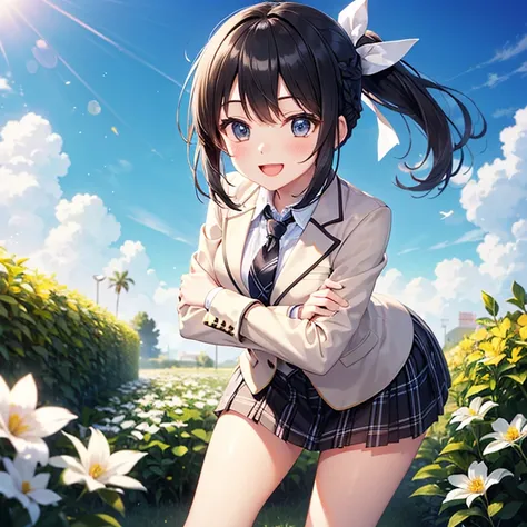 (Best Quality)、One high school girl、Short black hair、braid hair ponytail、smile、Open your mouth、(Small breasts)、White ribbon、blazer、Black regular tie、black plaid mini skirt、leaning forward、crossed arms、Blooming garden and blue sky background