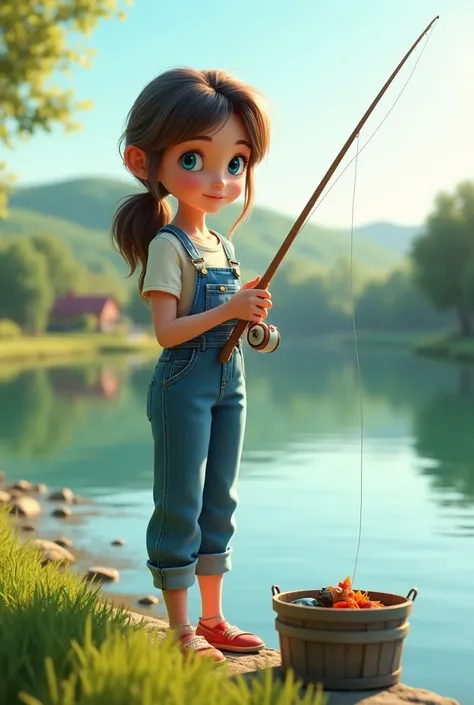 A cute girl with blue eyes is fishing on the lakeside in a rural area wearing a denim jumpsuit.、The weather is nice and the sun is shining、On the girl&#39;s fishing rod、Small fish are caught、In the bucket at your feet、There are about two small fish in it.、...