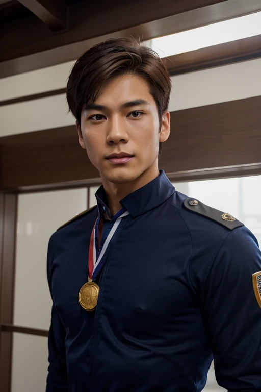 Male asian korean pilot, brown hair, good looking muscular lean build. He is rank highly among his friends. Wear an official pilot uniform. He looks generally young and attractive young man. His eyes looks dreamy but focus. He doesnt have wrinckles as his ...