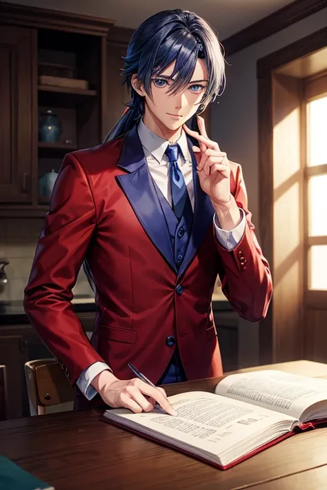 Anime: A handsome, calm young man with blue eyes and long, soft, indigo hair. , He wears a red school suit with a green tie.
