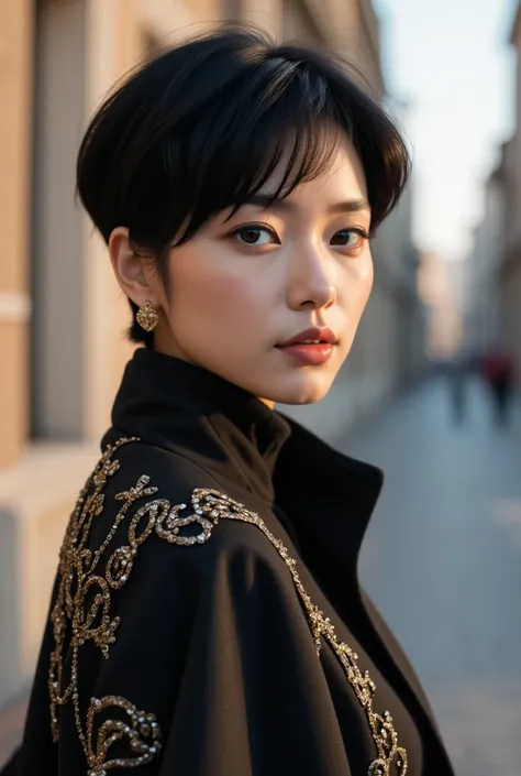 a fashion model with short black hair is styled perfectly, setting the scene for a magazine cover named "fashion", outdoors.
dynamic movement, full body, photorealistic, Professional, perfect composition, intricate details, ultra-detailed