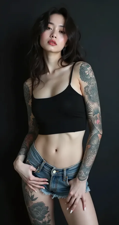 um close de uma mulher com uma tattoo no braço, manga de tattoo no braço direito, of a Taiwanese girl with tattoos, tattoo de braço, upper body, with tattoos, skinny yakuza girl, close up half body, fotografia de uma tattoo de manga, by Eddie Mendoza, Cind...