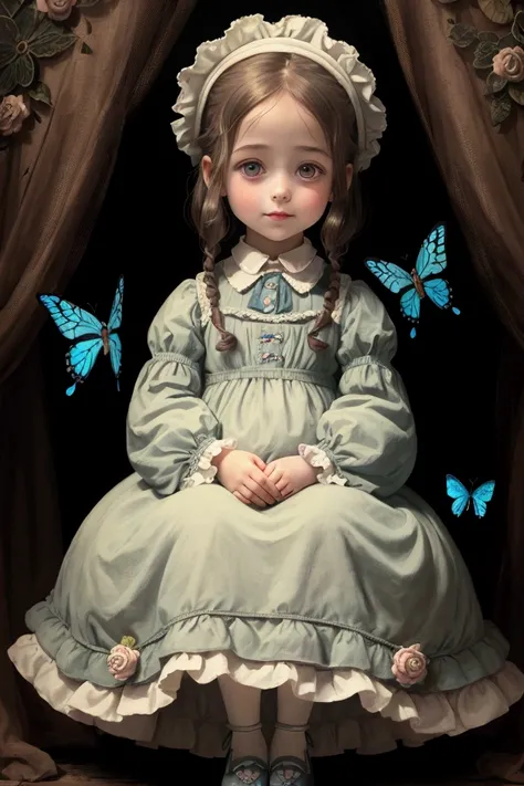 dark background, a young pretty child in the style of Beatrix Potter, in soft technicolour. The child slightly smiling, has large feet, large eyes and large thick lips wearing frilly baby clothing. A foggy surreal landscape with abstract elements, ornate a...