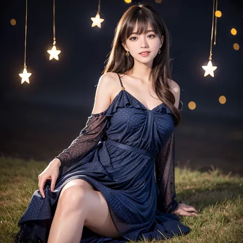 laughing out loud，Wearing a dark blue gauze dress，Gold star polka dot dress, Golden stars all over the dress，knee shot, The background is grassland，1 female, light brown hair, blunt bangs, hair behind ears, Shoulder length hair, long hair, Slender body sha...