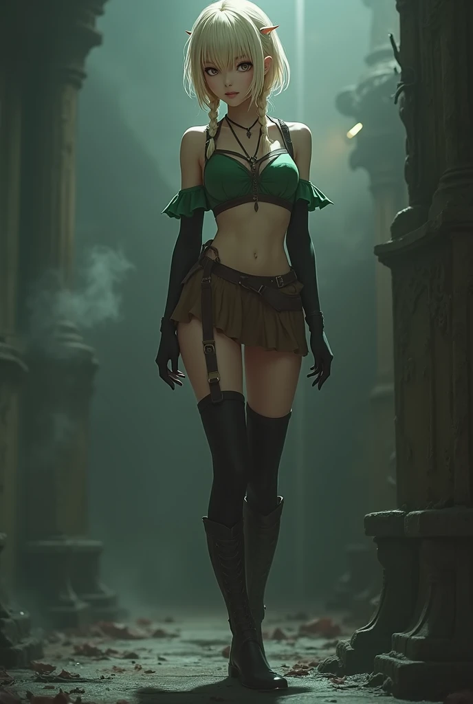 Parisian,1mature woman,elf,Short Hair,twin braids,ahoge,blonde,(slender),empty eyes,Black Eyes,Tall,Black elbow gloves,((black thigh highs))、Small black beret、Brown scarf、green crop top,sleeveless,brown mini skirt,brown knee boots,Thin thighs,aristocratic ...