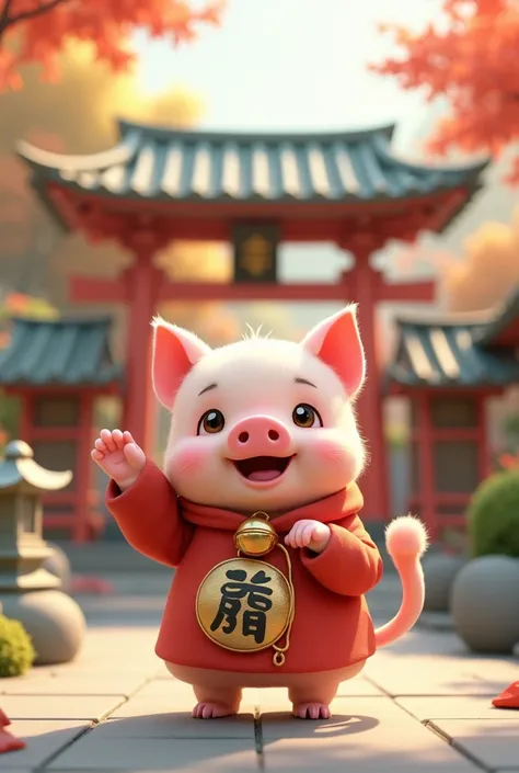 Cute piggy wearing a maneki-neko costume、Shrine Background、3d、Illustration