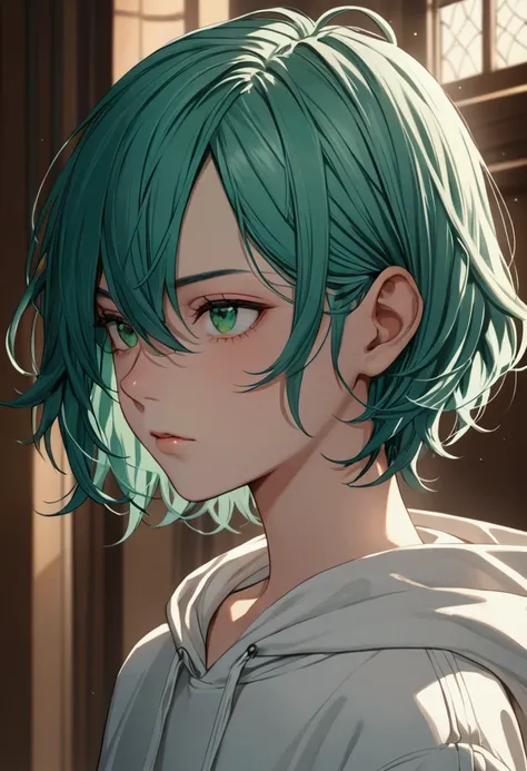 (best quality:1.4), highres, masterpiece,, 1person,, short medium hair, flat chested, green eyes, blue green hair,, detailed face, androgynous, gender neutral, hoodie, facing forward
