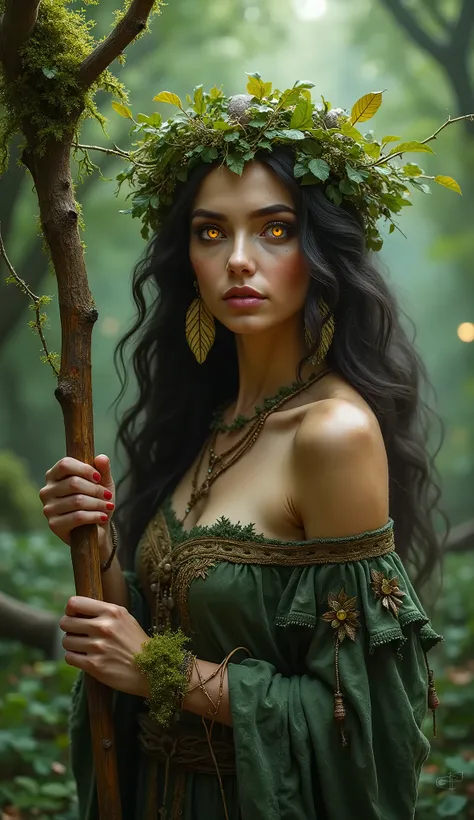 Forest Witch
Look: A nature-inspired witch in earthy greens and browns, with a crown made of leaves and moss.
Makeup: Earthy tones with glowing eyes and a golden shimmer.
Accessories: A wooden staff, leaf-shaped earrings, and natural stone jewelry.