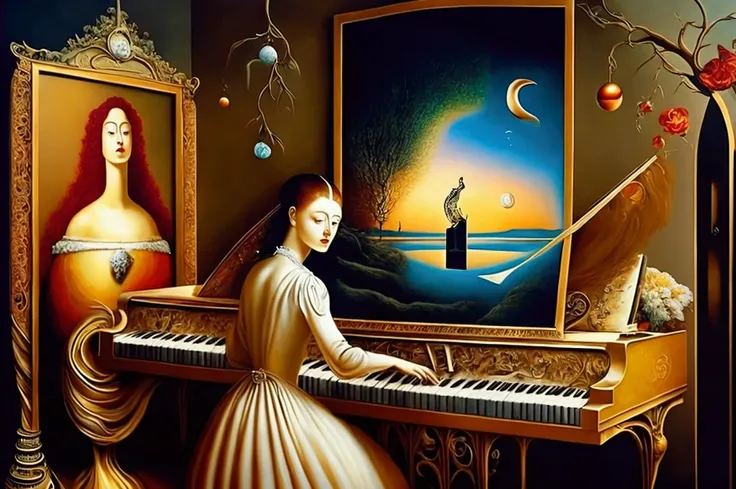 creative oil painting surrealist dalí  style composition about frederic chopin and his muse