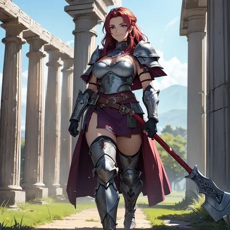 Masterpiece, high fantasy artwork, HD, anime style, best high quality image, carefuly detailed, very detailed features and textures, solo character.
{{(A 60-years-old barbarian woman milf:(she has: mediumlentgh scarlet-red hair, purple eyes, smiling, cheer...