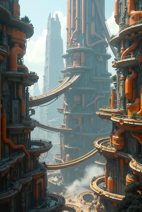 big city futurism, organic, several bridges between twisted buildings, sprawling pipes between the walls, smoke coming out  