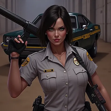 masterpiece, photorealistic, Ultra HD, 16 thousand., complex details, maximum detail, woman in her 40s with short hair, pumped up muscular, green eyes, big breasts, dressed in a green Los Angeles corrections officer uniform with &quot;correction officer 2&...