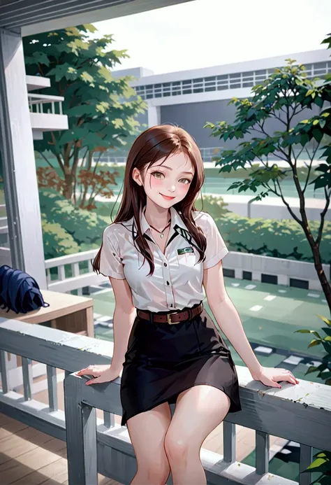 young woman, smiling and sitting on balcony seats at indoor building, she has dark brown long hair (+forehead, slightly wavy hair ), wearing white short sleeves collared shirt, black pencil skirt with brown belt, white socks, BREAK, ((best quality,4k,8k,hi...