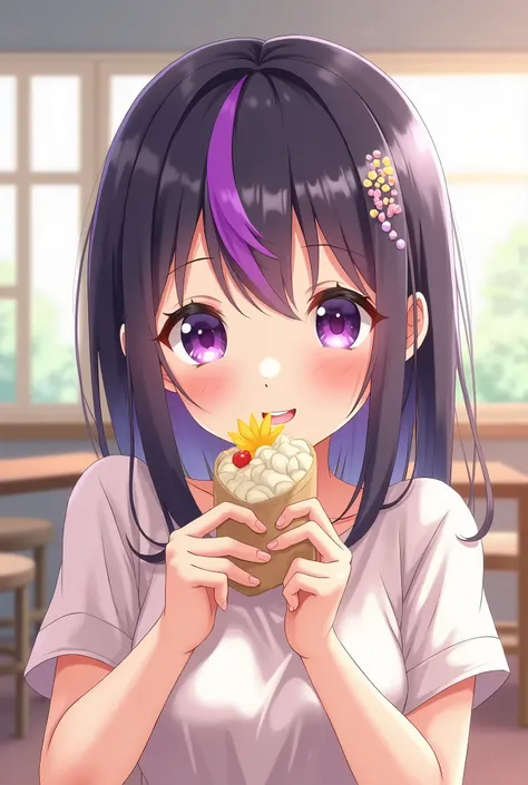 Cute Japanese anime female character, medium hair with purple streak, to eat