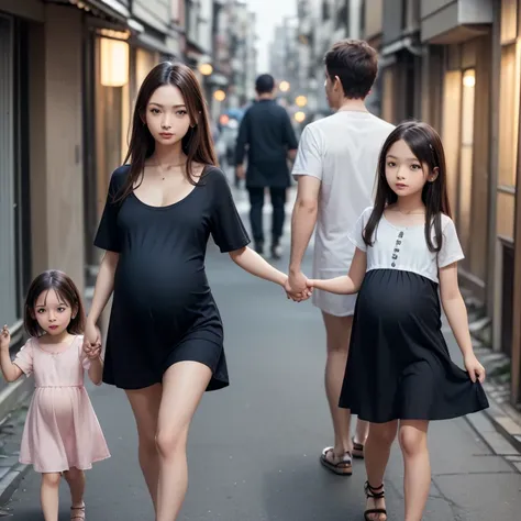 1girl,3boy,((((realistic very cute japanese pregnant mothers are walking hand in hand with her young daughters:1.5))))),((((they...