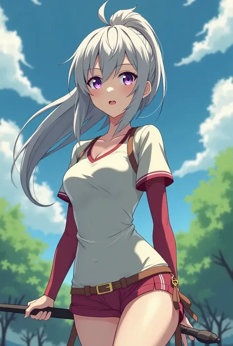 HD、Animation style、white hair 、Purple Eyes、girl、plump breasts 、High school student 、single ponytail、Baseball player、Light color short sleeve top、Long sleeve red underwear、Good shape、Thin、sash、Sky、cloud、sunny、Navel exposed、dazzler、Breasts exposed、ninja suit...