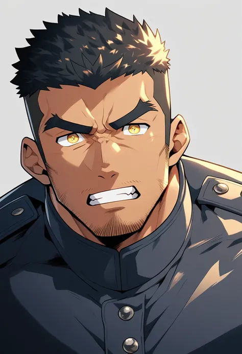 anime characters：Gyee, Young Muscle Sports Sexy Police, negro black skin, Manliness, male focus, Dark Black tights, Very tight, muscular male, Huge and round chest muscles, Perfect muscle waist, only, Upper body, alone, Black short hair, Thick eyebrows, st...