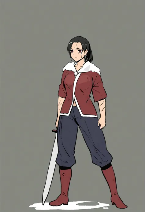 a cold girl with red eyes and black hair in a ponytail.no feelings and a murderous look in anime mode with a sword, with the wou...