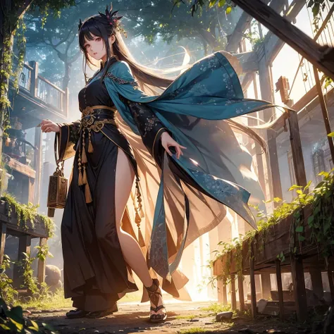 (Full body view)、A girl stands in the overgrown ruins of Tokyo、(華やかで飾りの多い中央アジア民族衣装風Fantasyドレス)、(Teen)、Fantasy、Beautiful and detailed eyes、Beautiful and detailed lips、Highly detailed eyes and face、Long eyelashes、Hair accessories、Slender figure、A fragile app...