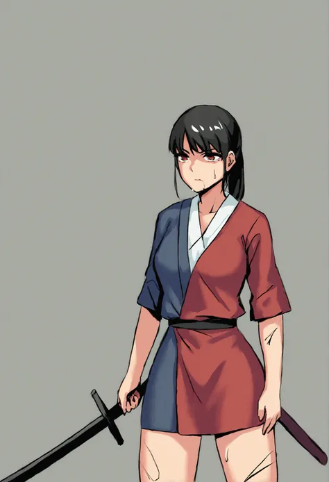 a cold girl with red eyes and black hair in a ponytail.no feelings and a murderous look in anime mode with a sword, with the wou...