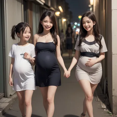 3girls,((((realistic very cute japanese pregnant mothers are walking:1.5)))),((((holding hands with her small and young daughter...