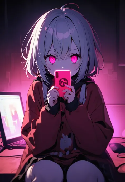 Girl, {loli}, AI, pale skin, white hair, glowing pink eyes, sitting, staring at viewer, gazing, yandere, dark room, computer screen lights reflecting off her face, {HD}