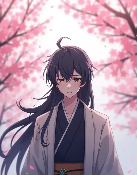 1boy, kaedehara kazuha, upper body, expressionless, japanese clothes, long hair, solo, cherry blossoms, looking at viewer, 32k