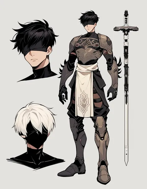 (nier: automata ) , human Male , sci-fi armor, sci-fi Style , short Black hair  , white highlights,simple background,character sheet , concept art , mask