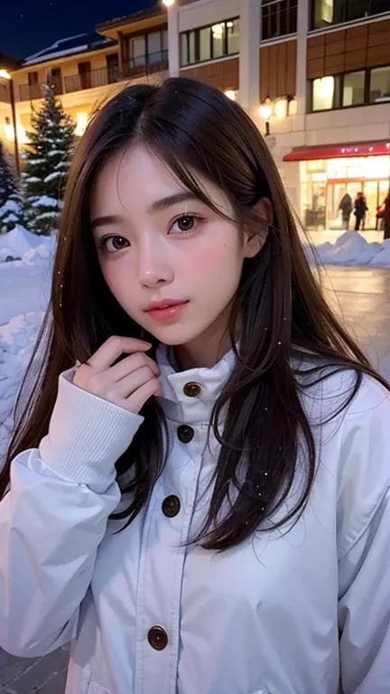 ((Best Quality)), ((masterpiece)), (detailed), One girl, Real Beauty、Real Asian Beauty、Brown Hair、Long Hair、chest、Around town、winter、snow、Snowboarding　Night view