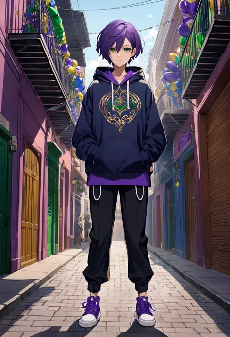 (best quality:1.4), highres, masterpiece,, 1person,, short medium hair, flat chested, green eyes, mardi gras purple hair,, androgynous, gender neutral, dark blue hoodie, facing forward, standing upright, full body, street wear outfit, 
