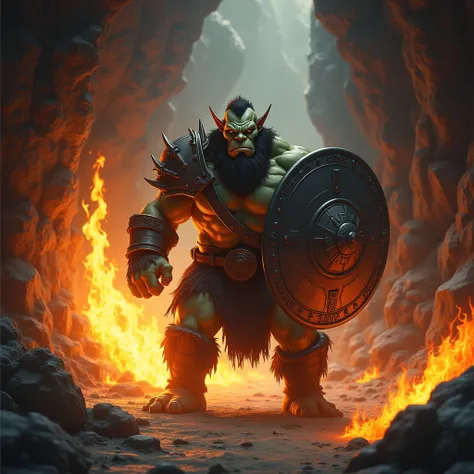 Inside the cave。Flames from a fire spell blow onto the shield.。The shield is held by the orc in a defensive position.。