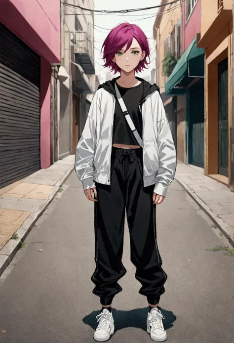 (best quality:1.4), highres, masterpiece,, 1person,, short medium hair, flat chested, green eyes, magenta hair,, androgynous, gender neutral, detailed face, facing forward, standing upright, full body, street wear outfit,