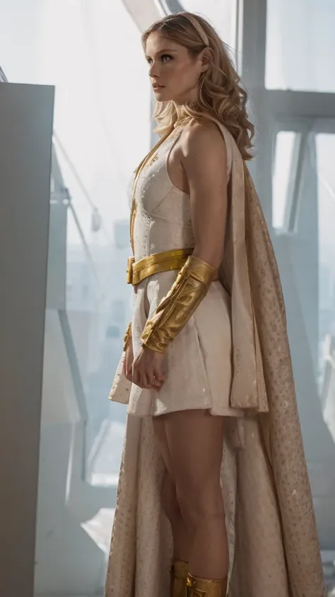 Starlight cara de la actriz Erin Moriarty de The Boys sobrevolando la ciudad, semidesnuda, small and spectacular sexy iconic white costume with cape, logo de estrella dorada en el traje, very sexy small clothes, ornate golden wristbands, botas blancas con ...