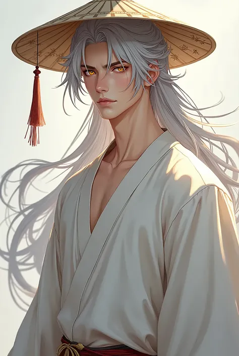 
Full body image,handsome protagonist xianxia,man,long silver hair,golden amber eyes,using simple white clothes,using farmer circle hat,calm and cool appearence,ultra hd ,better quality, 32k