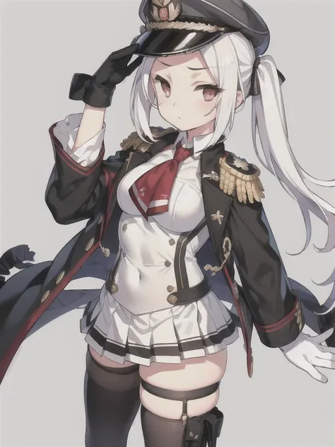 Vittorio_Veneto (warship girls r),((masterpiece)),(((best quality))),((ultra-detailed)),((illustration)),((disheveled hair)),((frills)),(1 girl),(solo),medium [[[large]]] breasts, twintails, military uniform, dark grey shirt, collared shirt, dark beret, ep...