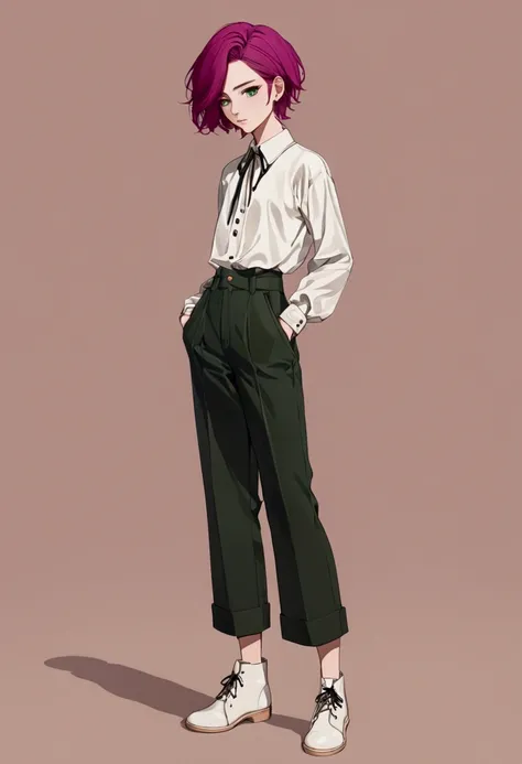 (best quality:1.4), highres, masterpiece,, 1person,, short medium hair, flat chested, green eyes, magenta hair,, androgynous, gender neutral, detailed face, facing forward, standing upright, full body, trendy outfit, fashionable outfit