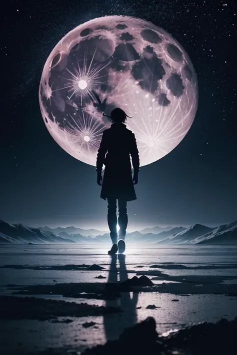 Best Quality,Big moon and shadow,A silhouette of a person can be seen against the backdrop of a large moon.,There is one full moon,There is a mood,Beautiful scenery,Starry Sky